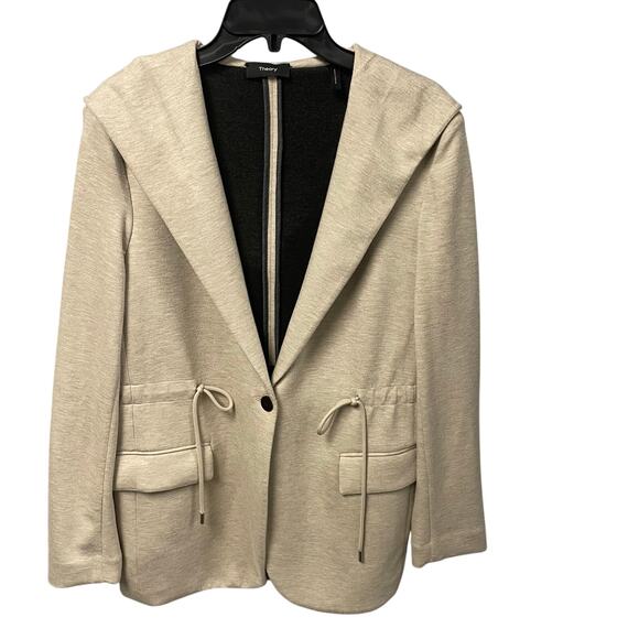 Theory Hooded Drape Jacket Double Knit Jersey in Oatmeal Beige Womens Small - Picture 2 of 7